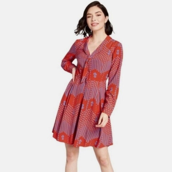 Modcloth NWT Pleasant Confidence Tie-Neck Dress Red and Blue Print Size 6 - Picture 1 of 16